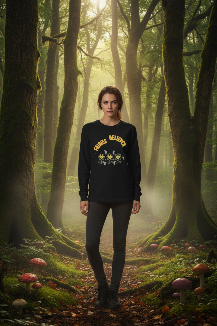 Person wearing a black sweatshirt with yellow text in a forest setting