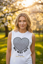 Woman wearing a white sleeveless shirt with a black heart maze design outdoors.