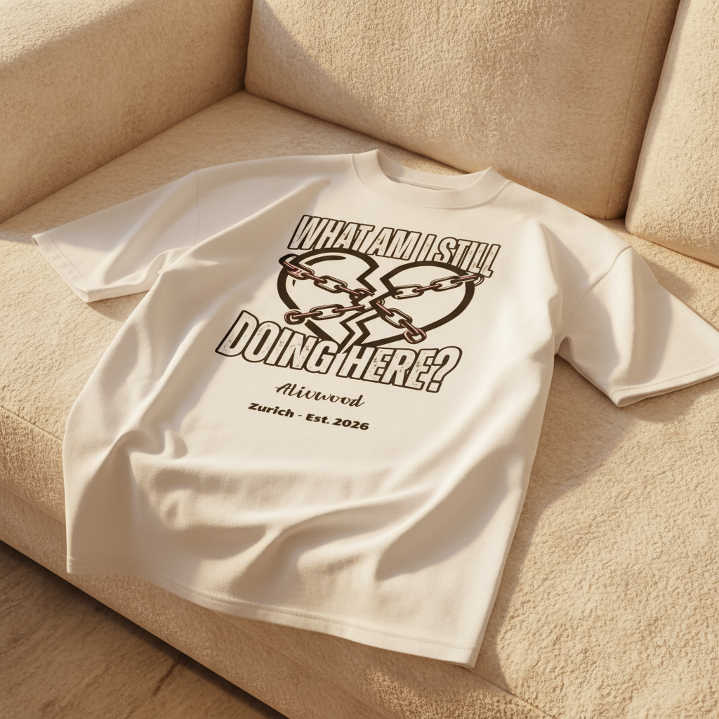 White t-shirt with black text and design on a beige couch