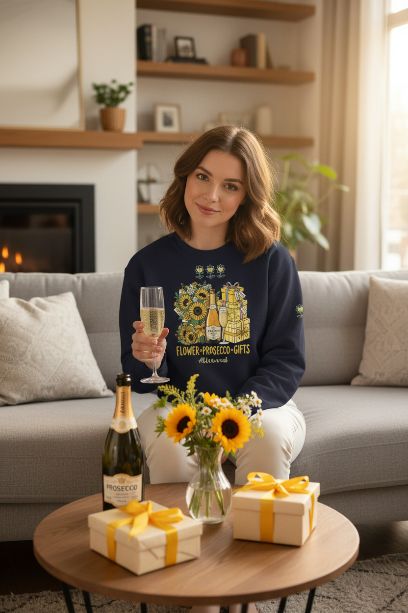 Woman in a living room holding a glass of champagne with gifts and flowers on a coffee table.