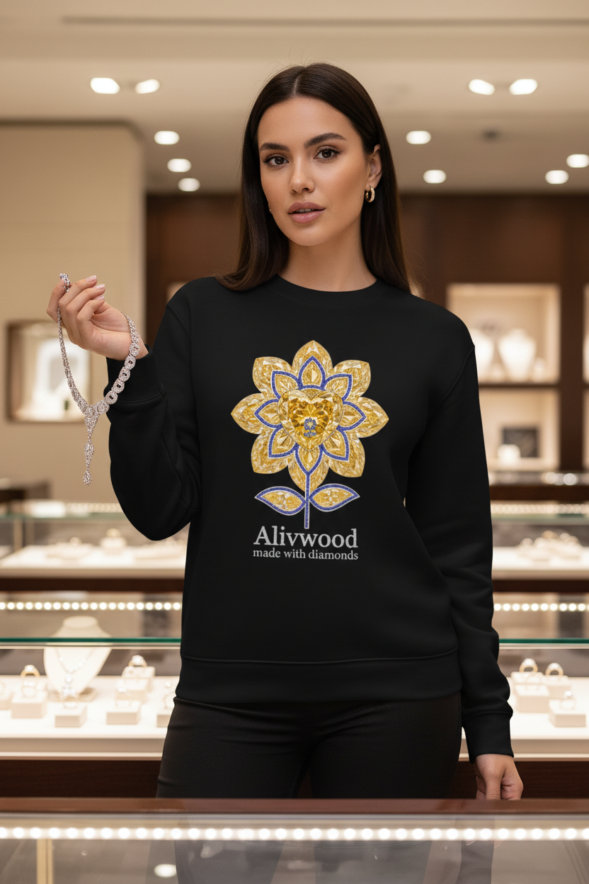 Woman wearing a black sweatshirt with a decorative design and 'Aliwood' text in a jewelry store.