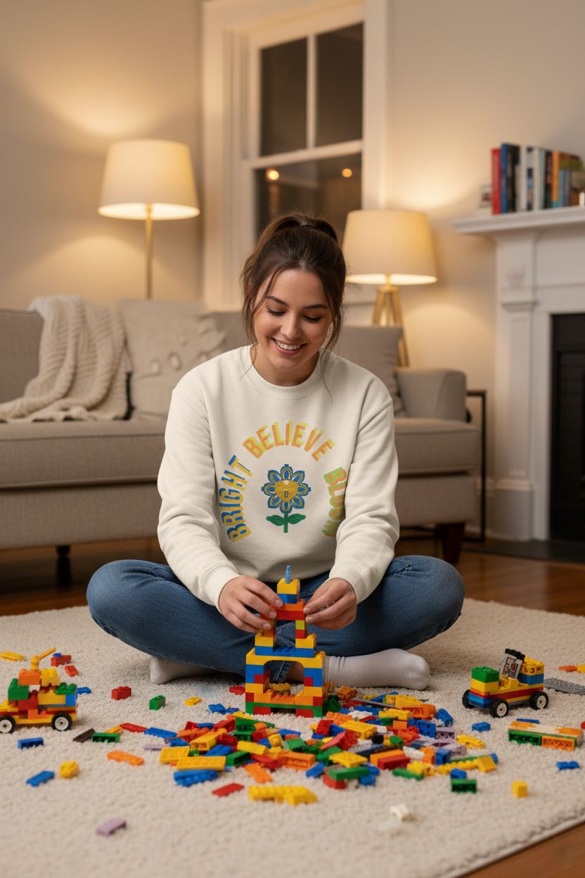 Woman playing with colorful building blocks in a cozy living room.