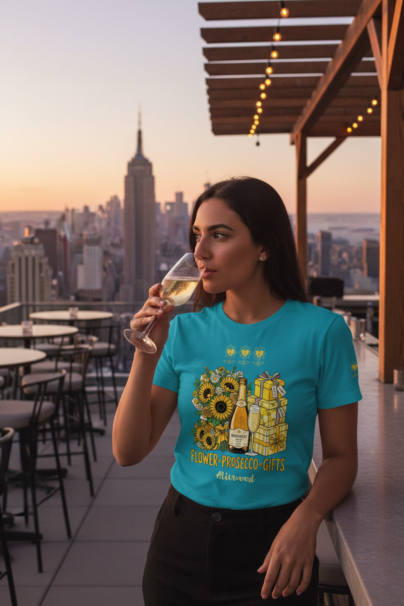 Woman in a turquoise t-shirt with sunflower design drinking wine on a rooftop with cityscape view
