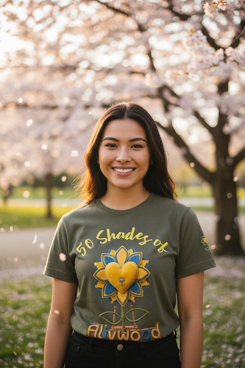 Woman wearing a green t-shirt with a colorful design in front of cherry blossom trees