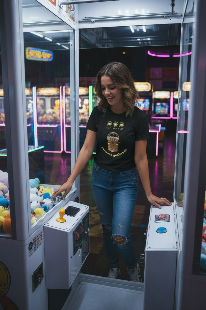 Woman playing a claw machine in an arcade setting