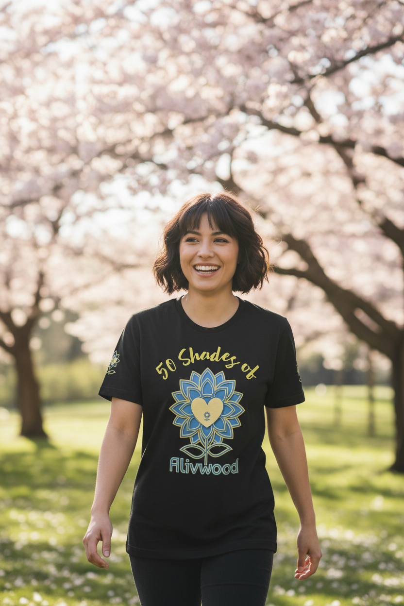 Person wearing a black t-shirt with a colorful design and text, standing in a park with cherry blossom trees.