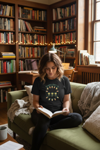 Woman reading a book on a couch in a cozy room with bookshelves.