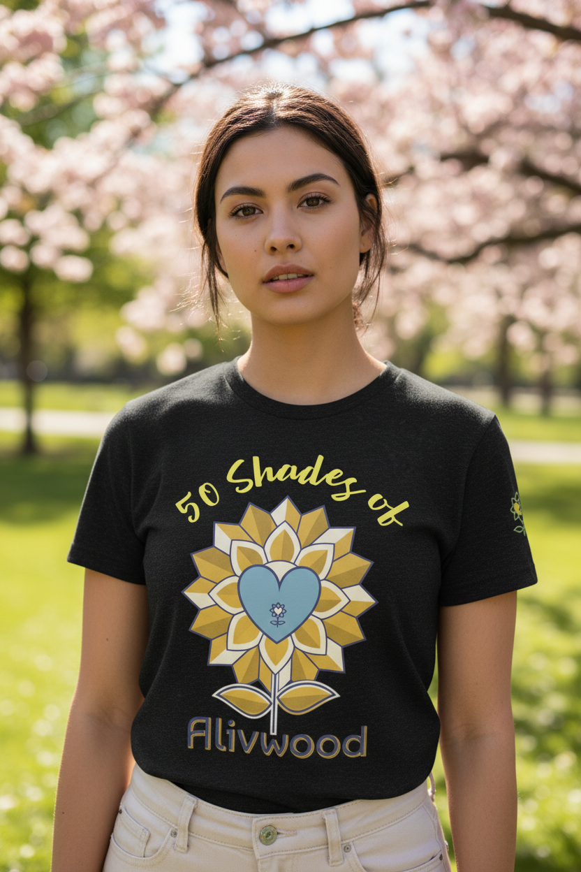 Woman wearing a black t-shirt with a sunflower design and '50 Shades of Alivwood' text in a park with cherry blossoms.