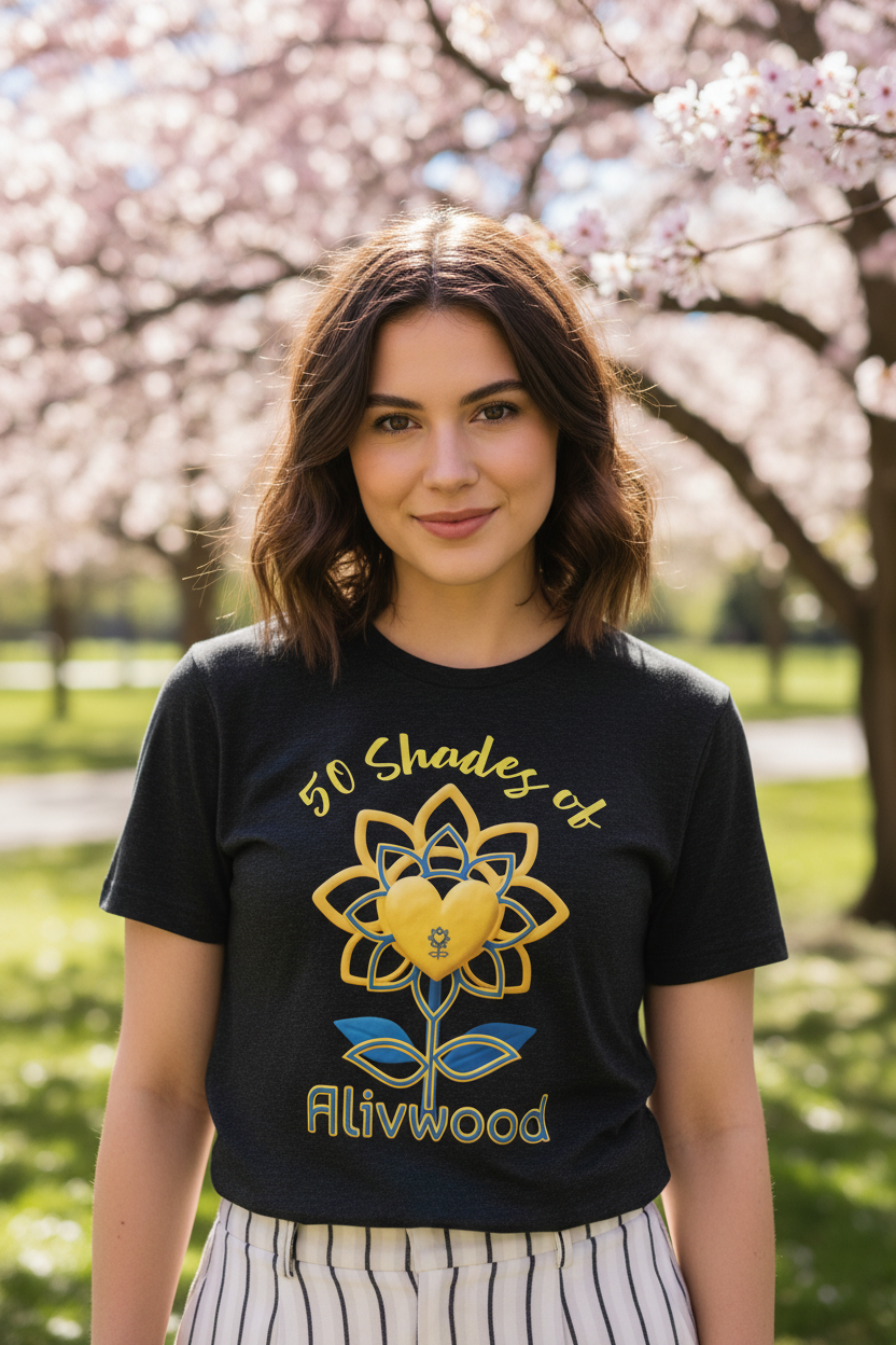 Person wearing a black t-shirt with a colorful design and text, standing outdoors with cherry blossom trees in the background.