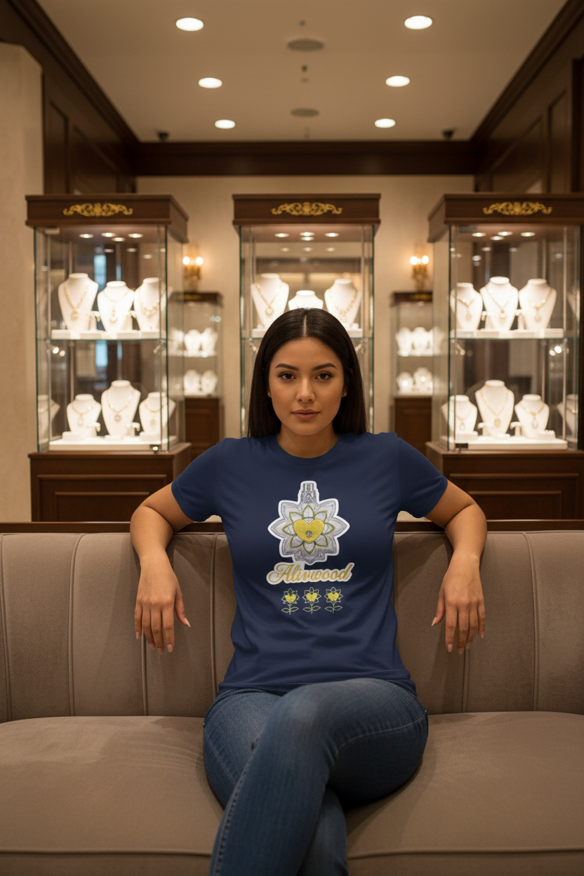 Woman wearing a blue t-shirt with a floral design sitting on a couch in a jewelry store.