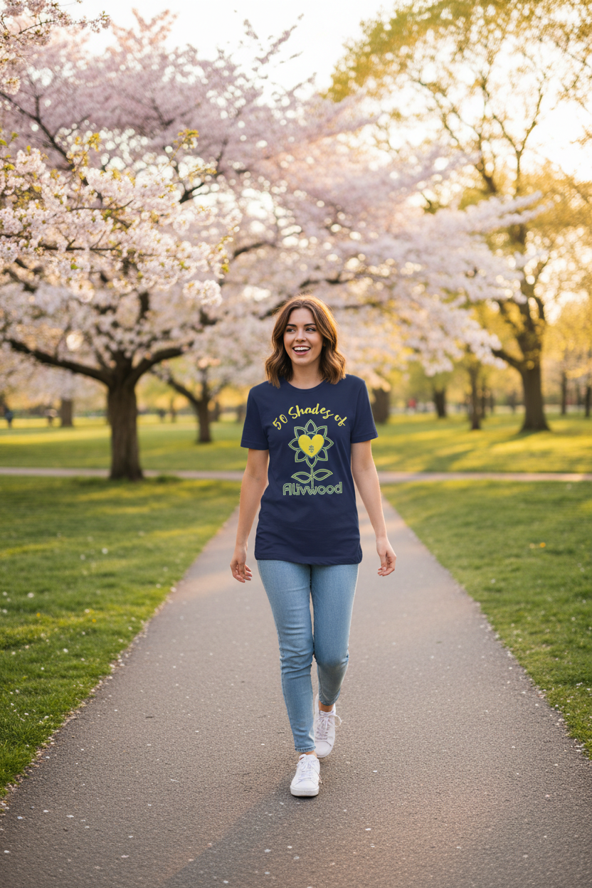 Woman walking on a path lined with cherry blossom trees in full bloom
