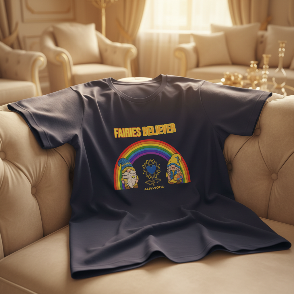 Navy blue t-shirt with rainbow design and text on a beige sofa in a living room.