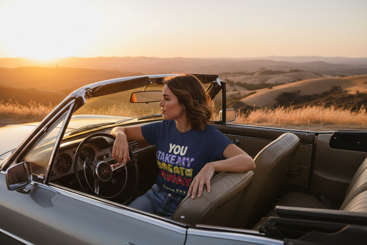 Woman sitting in a convertible car with a scenic background during sunset.