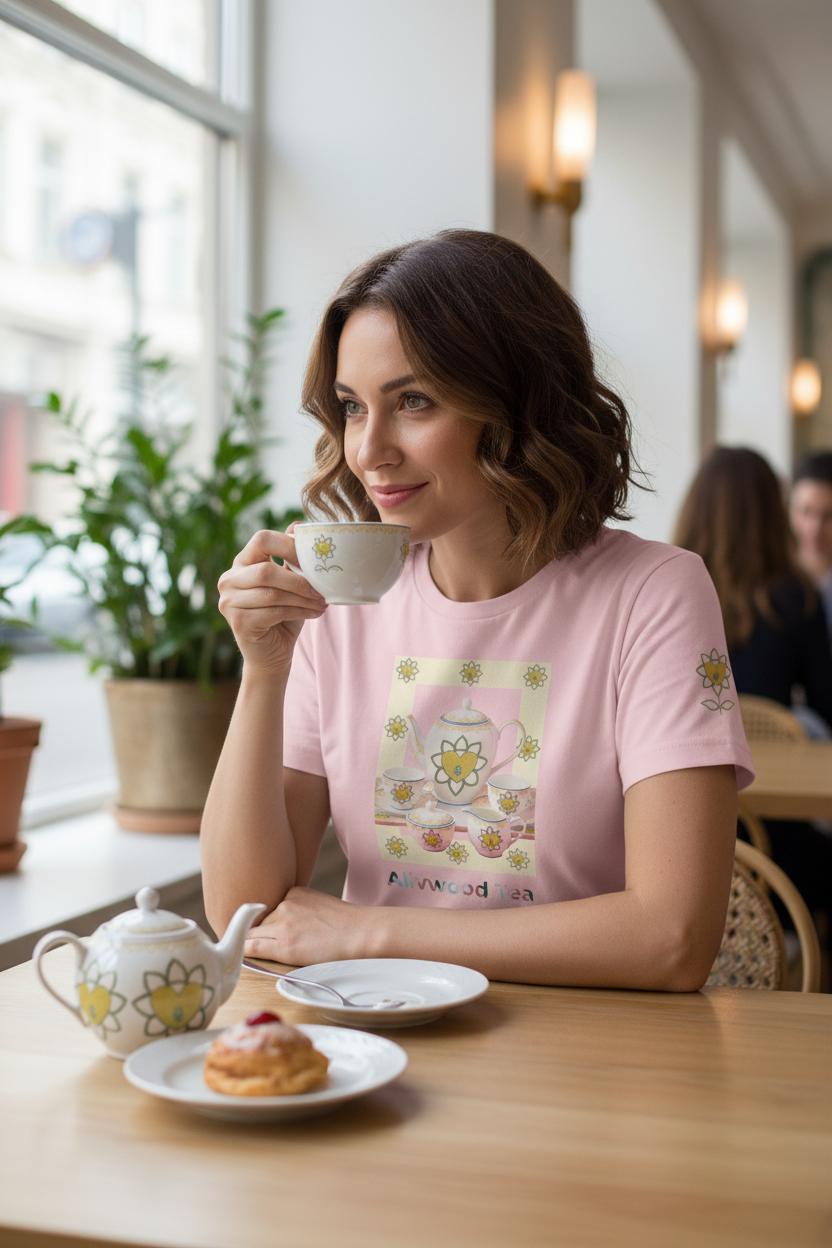 Woman in a pink t-shirt with a floral design sitting at a cafe table, holding a cup.