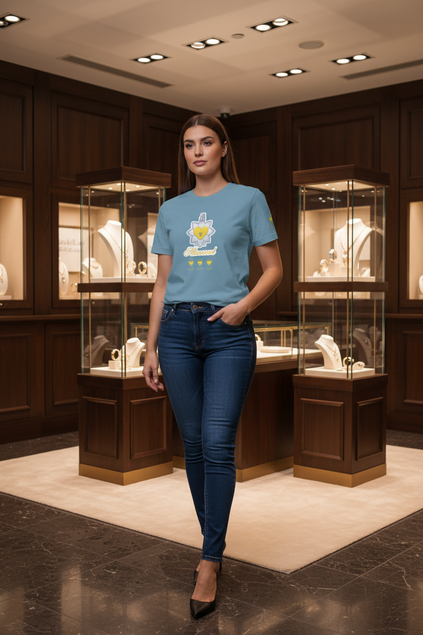 Woman wearing a blue t-shirt with a logo in a jewelry store setting