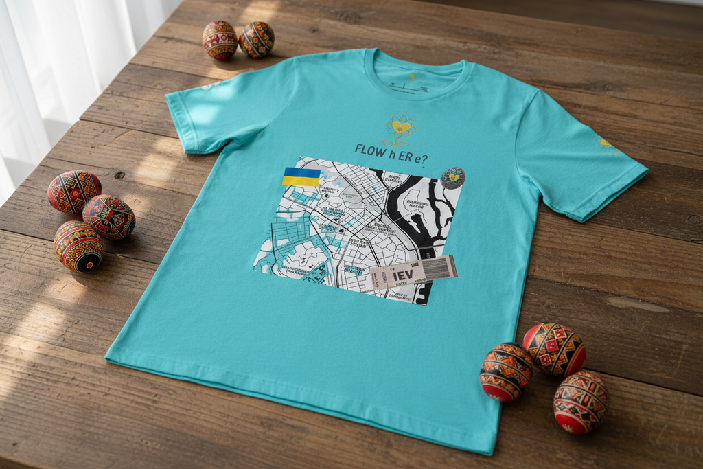 Turquoise t-shirt with a map design on a wooden table