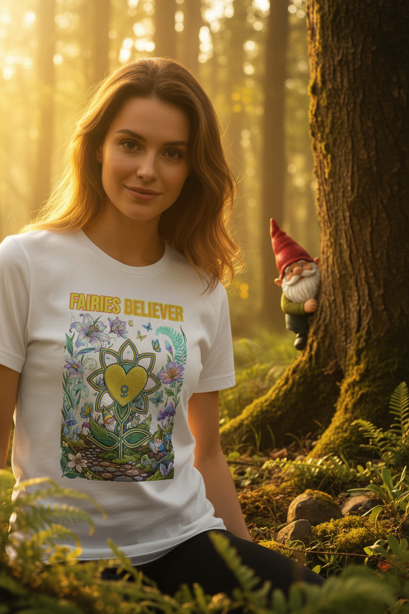 Woman wearing a 'Faeries Believer' t-shirt in a forest setting with a gnome on a tree.