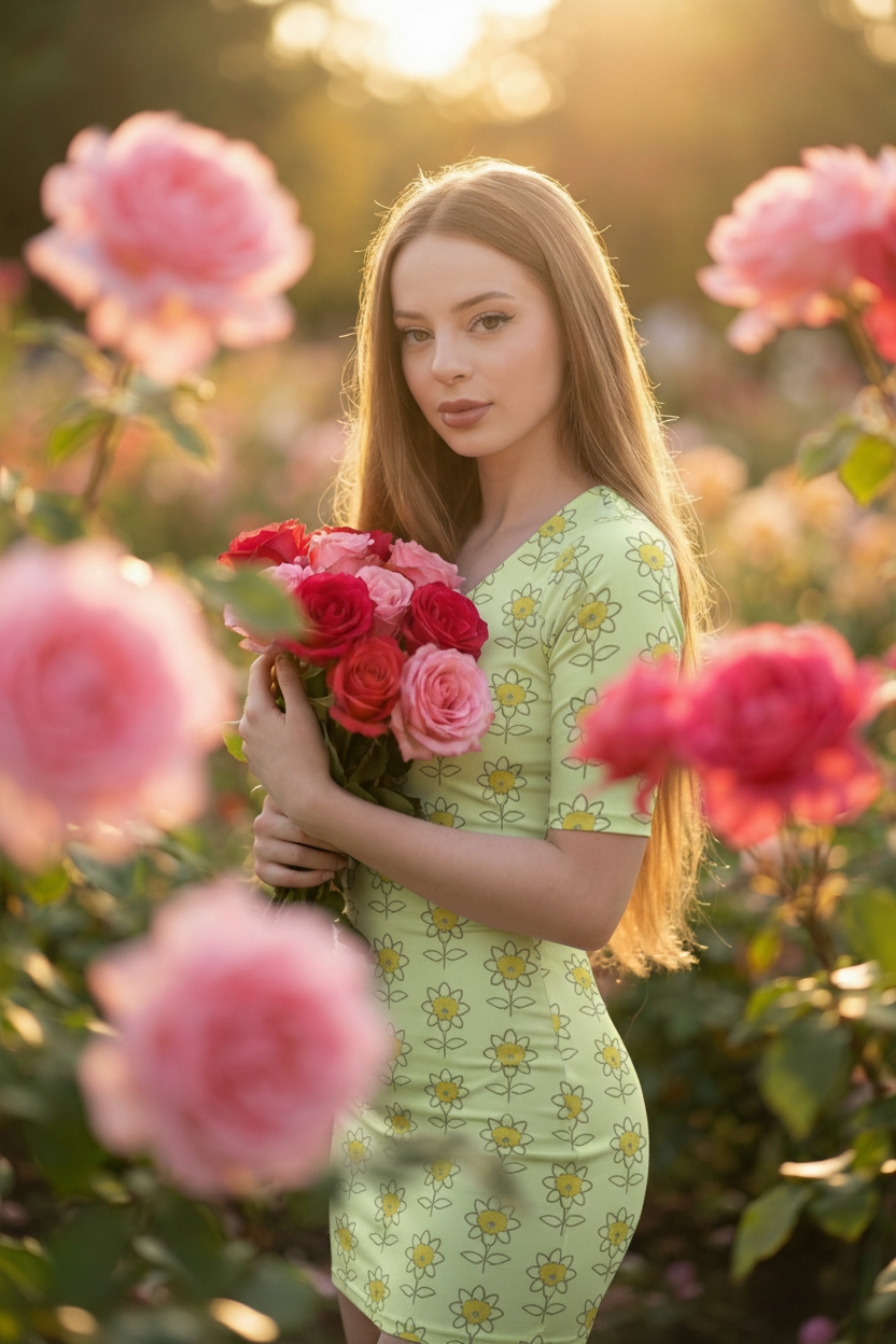 Woman in floral dress in rose garden