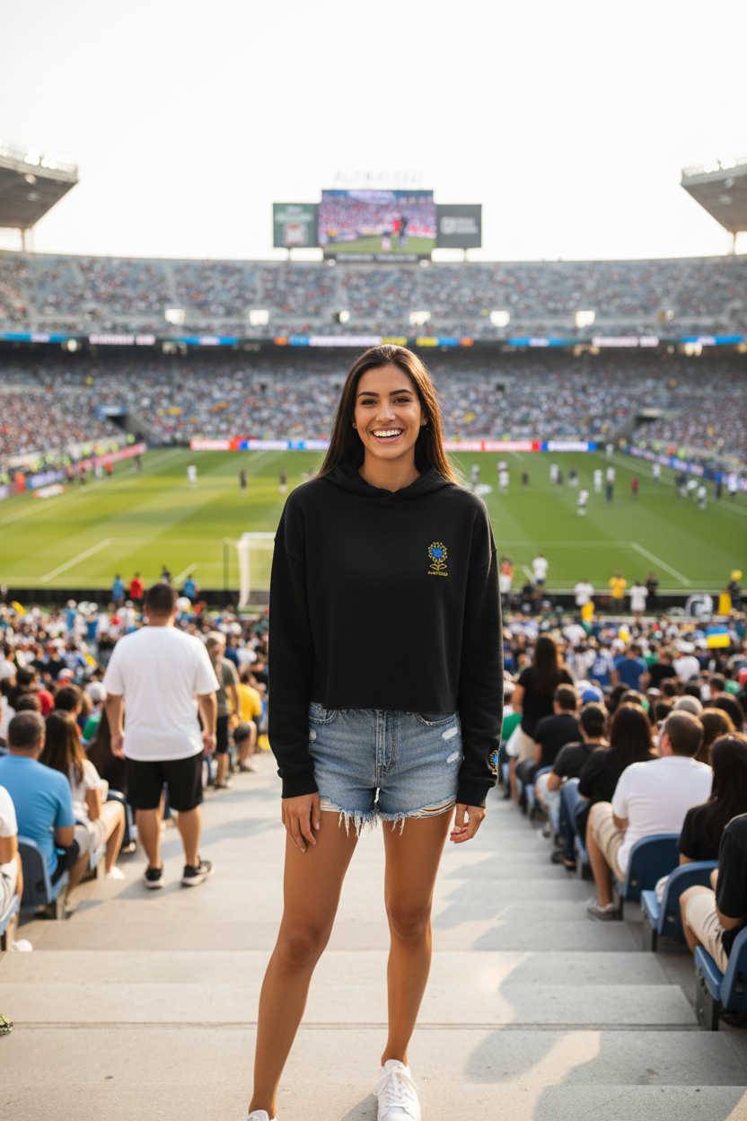 Woman standing on a stadium steps wearing a black sweatshirt and denim shorts, with a sports event in the background.