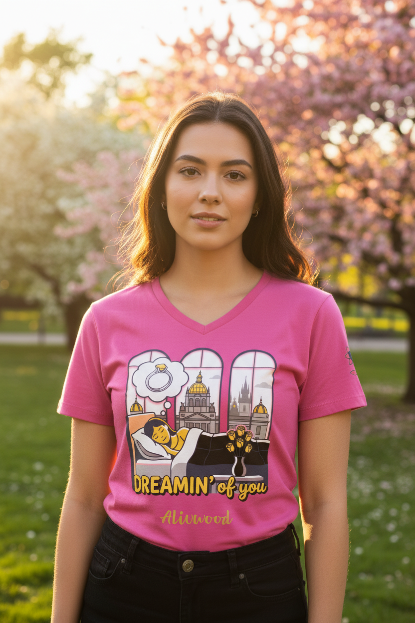 Person wearing a pink t-shirt with a graphic design in an outdoor setting with cherry blossoms.