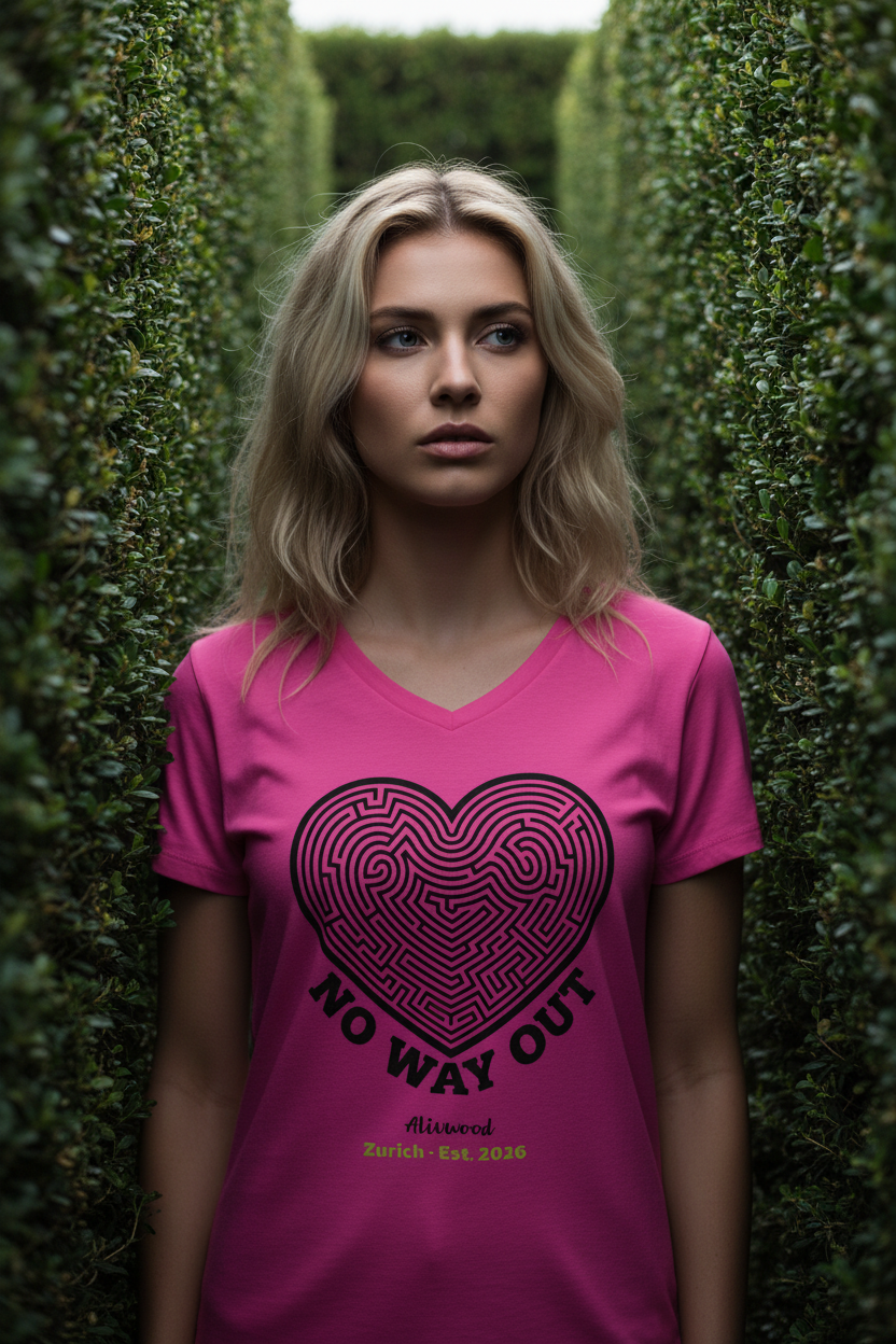 Woman wearing a pink t-shirt with a heart and maze design in a hedge maze.