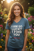Woman wearing a blue t-shirt with a romantic message in a garden setting