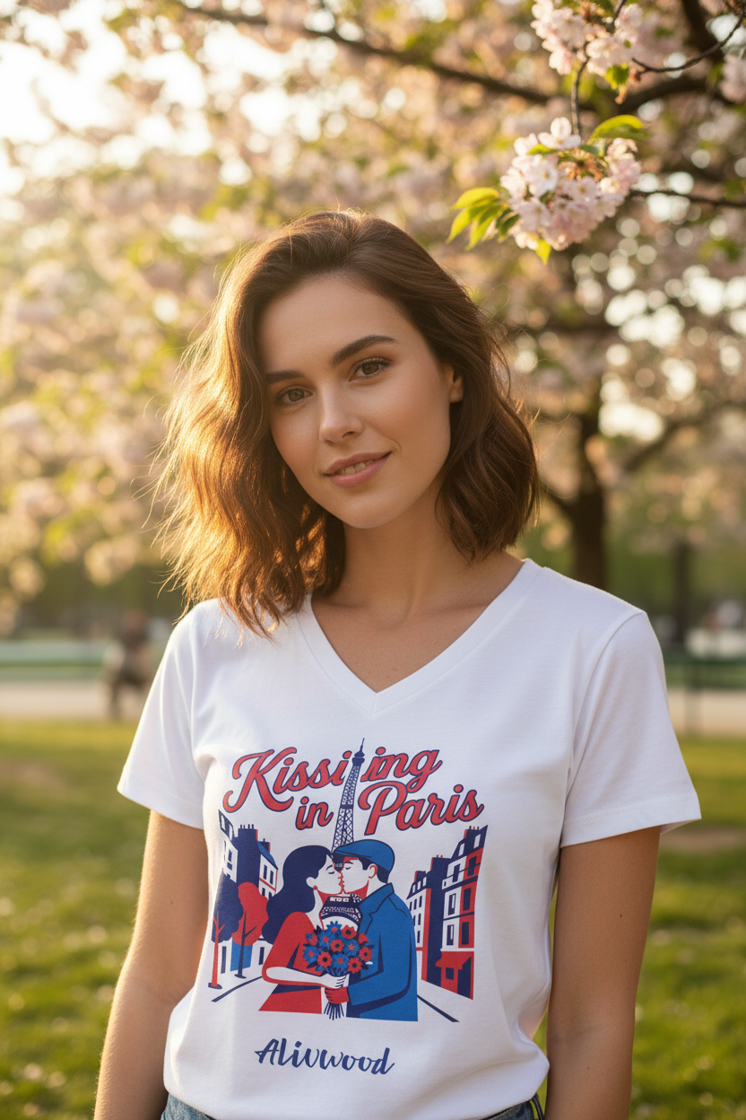 Woman wearing a 'Kissing in Paris' t-shirt in a park with cherry blossoms.
