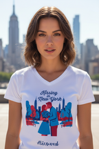 Woman wearing a white t-shirt with a graphic design of two people kissing in New York, with city skyline in the background.