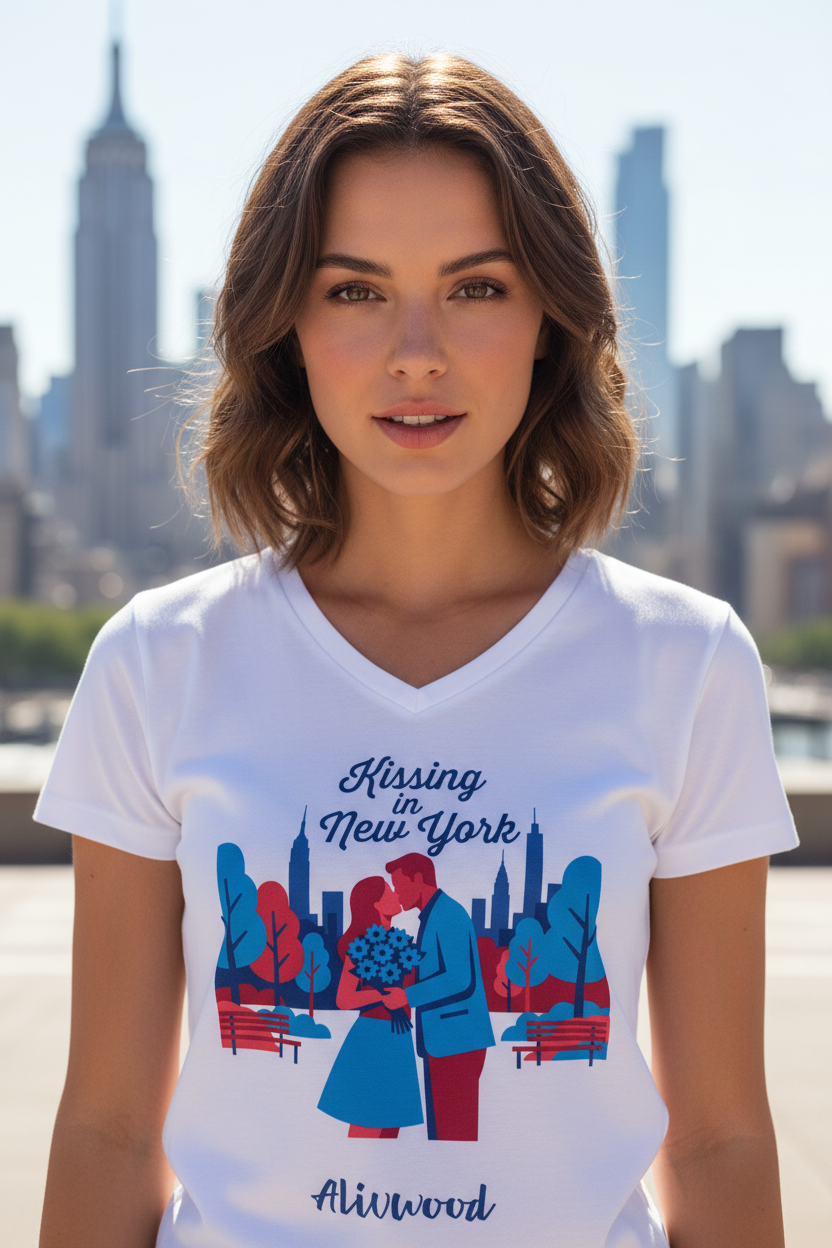 Woman wearing a white t-shirt with a graphic design of two people kissing in New York, with city skyline in the background.