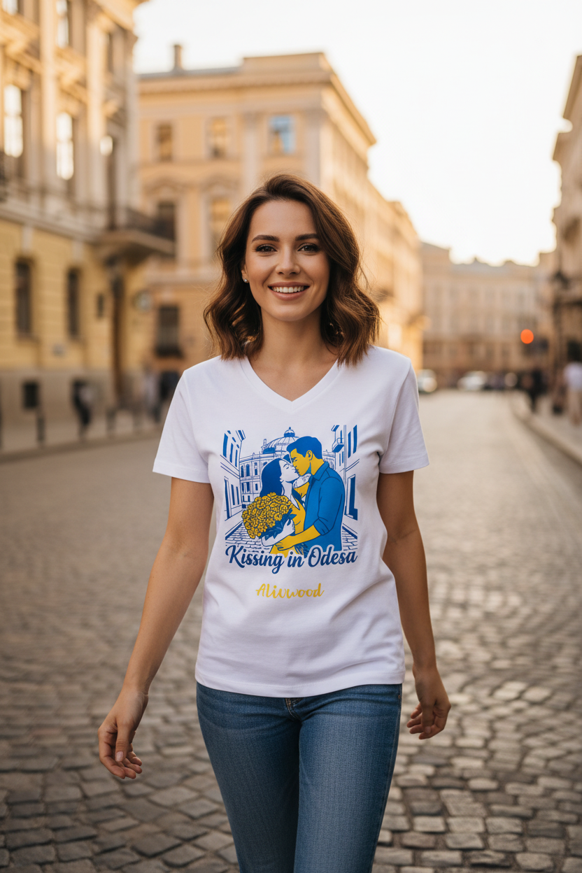 Woman wearing a white t-shirt with a graphic design on a city street.