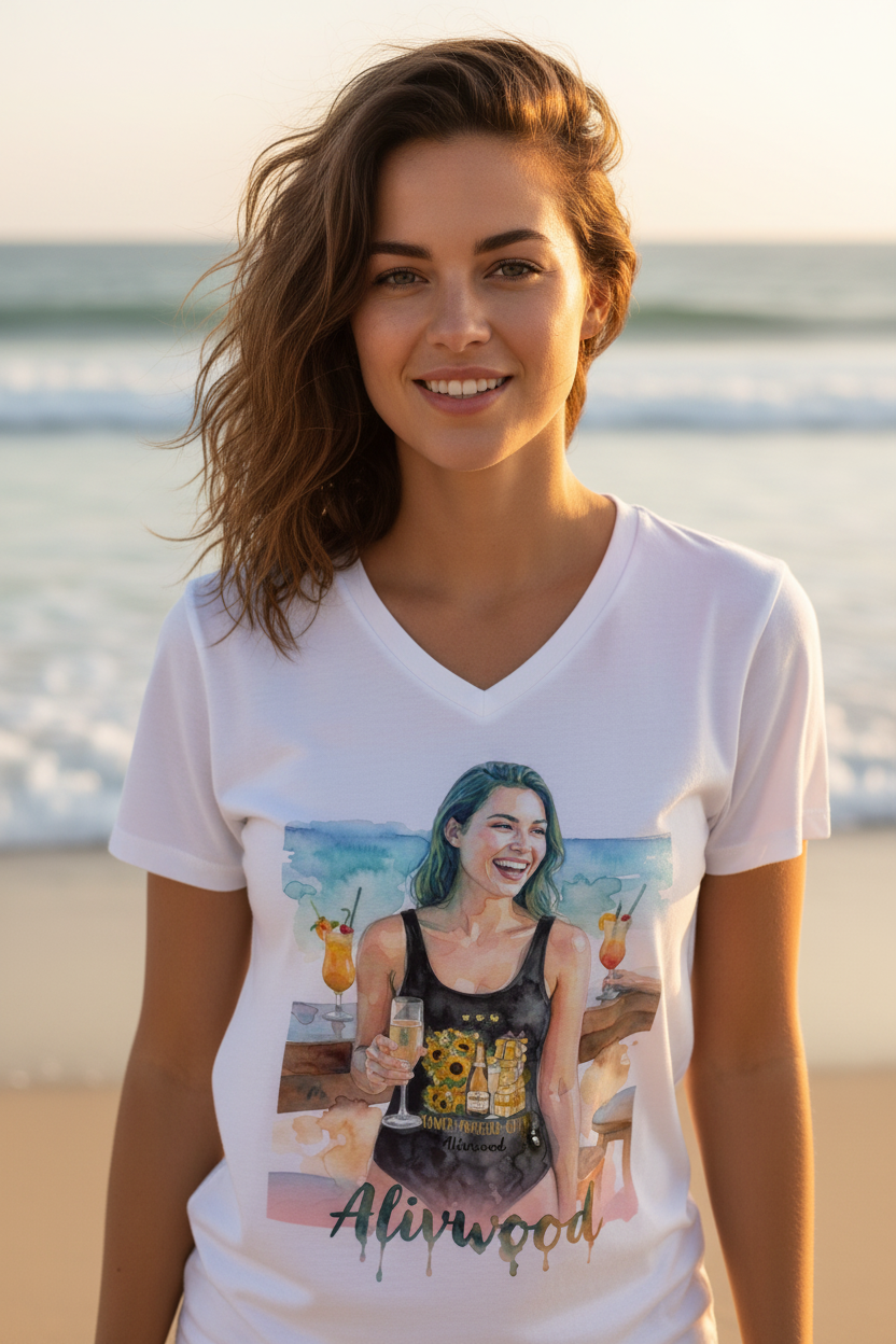 Woman wearing a white t-shirt with a graphic of another woman and 'Alivood' text on a beach.