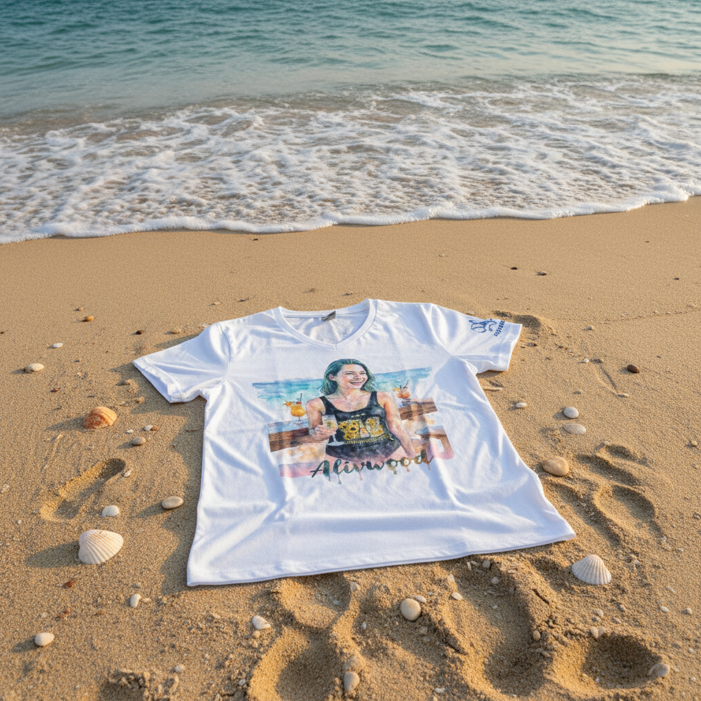 White t-shirt with a printed design on a sandy beach with ocean waves.